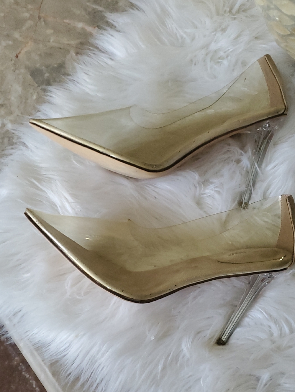 Fashion Nova Clear PVC Pointed Stiletto Heels with Gold Trim